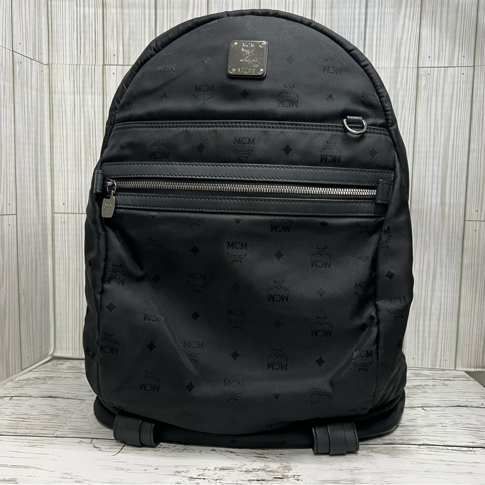 MCM Stark Backpack Black Nylon Logo Print Medium Unisex Designer Travel Bag - Picture 10 of 16